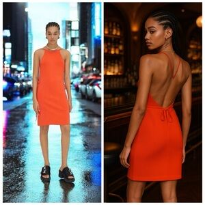 BOTTEGA VENETA orange knit sheath dress L backless tie-back bow cocktail NWOT